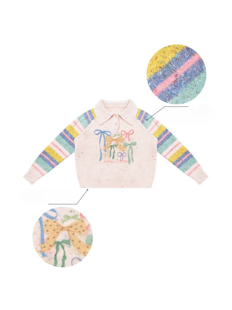 Rainbow Colored Stripes Polo Collar Bow Sweater【s0000015295】