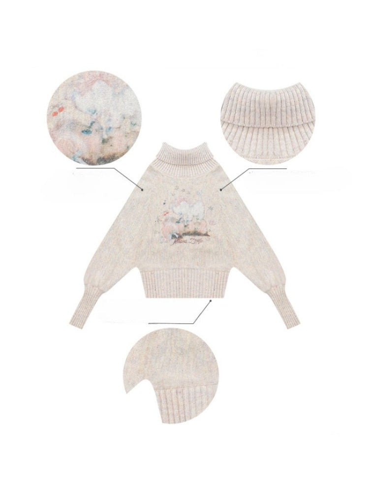 Cat & Dog Poetry Turtle Neck Bat Sleeve Printed Lazy Sweater【s0000015297】