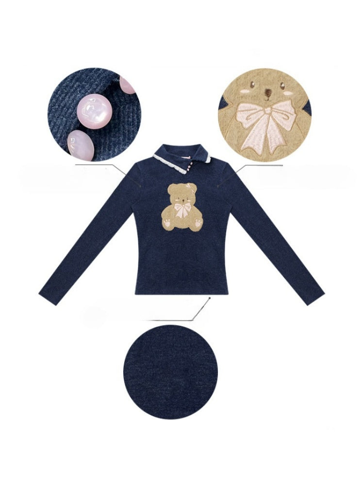 Polo Slanted Collar Bear Pattern Slim Top Knitted【s0000015298】