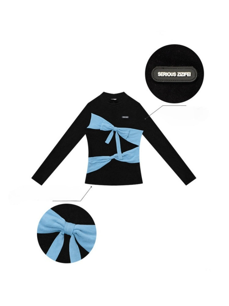 Contrast Color Slimming Bow Long Sleeve T-Shirt Knitted Top【s0000015308】