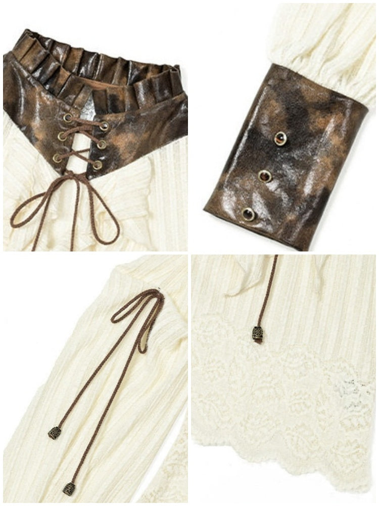 Knitted Leather Stitching Vintage Lace Top【s0000015315】