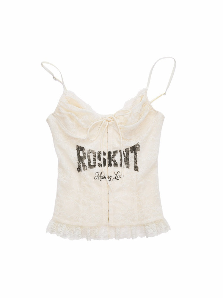 French Lace-Up Lace Monogram Print Herringbone Camisole【s0000015493】