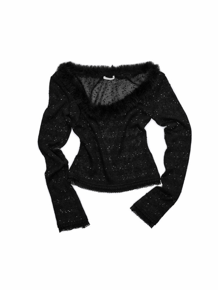 Off-Shoulder Fur Collar Sequin Knit Sweater【s0000015495】