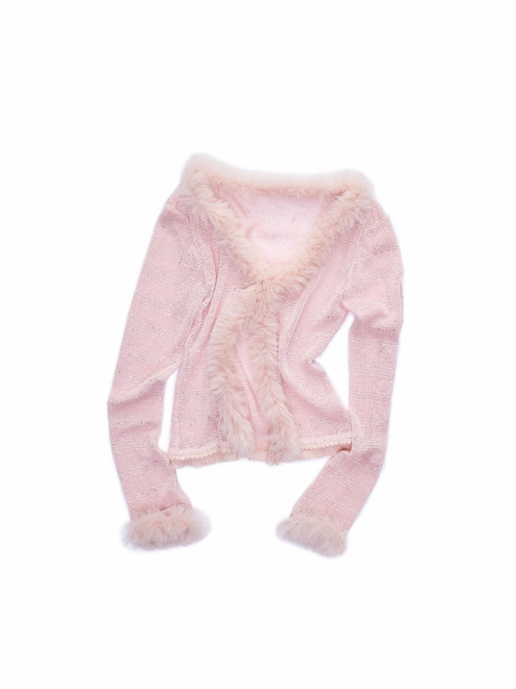 Fluffy Sequin Knit Paneled V-Neck Cardigan【s0000015496】