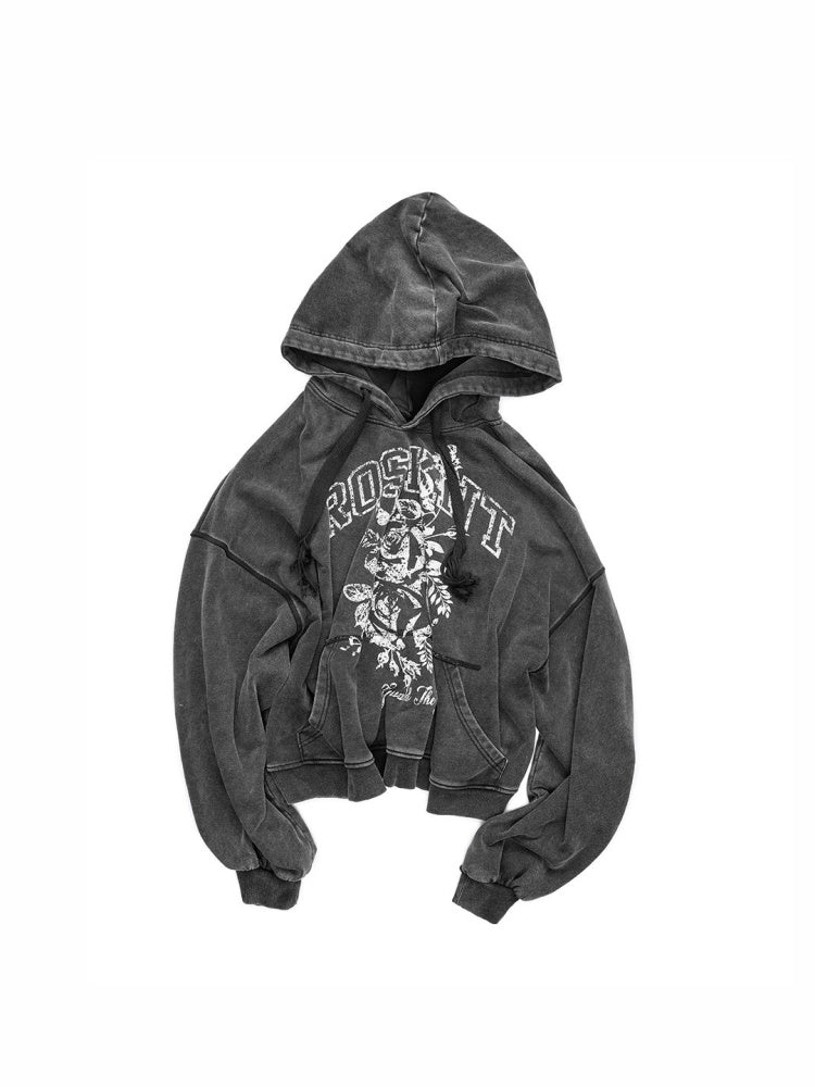 American Pile Sleeve Rose Print Hooded Sweatshirt【s0000015499】