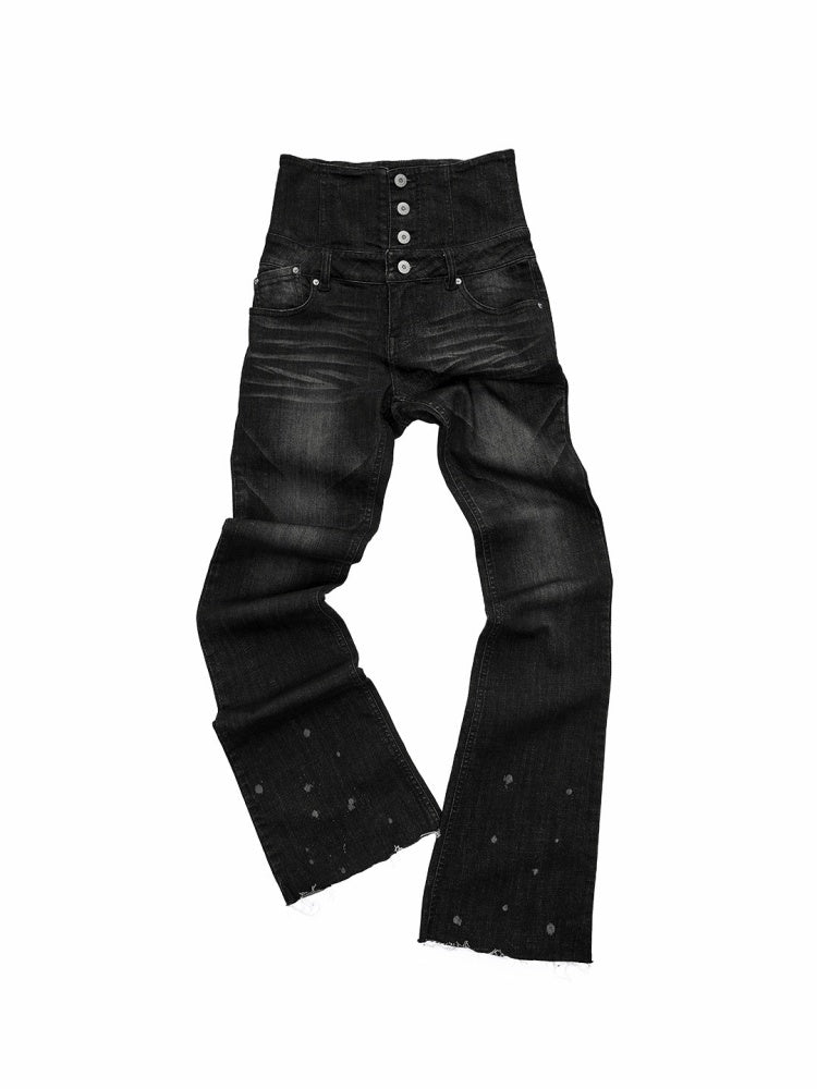 Retro Washed High-Waisted Waist Seal Irregular Brushed Bootcut Jeans【s0000015505】