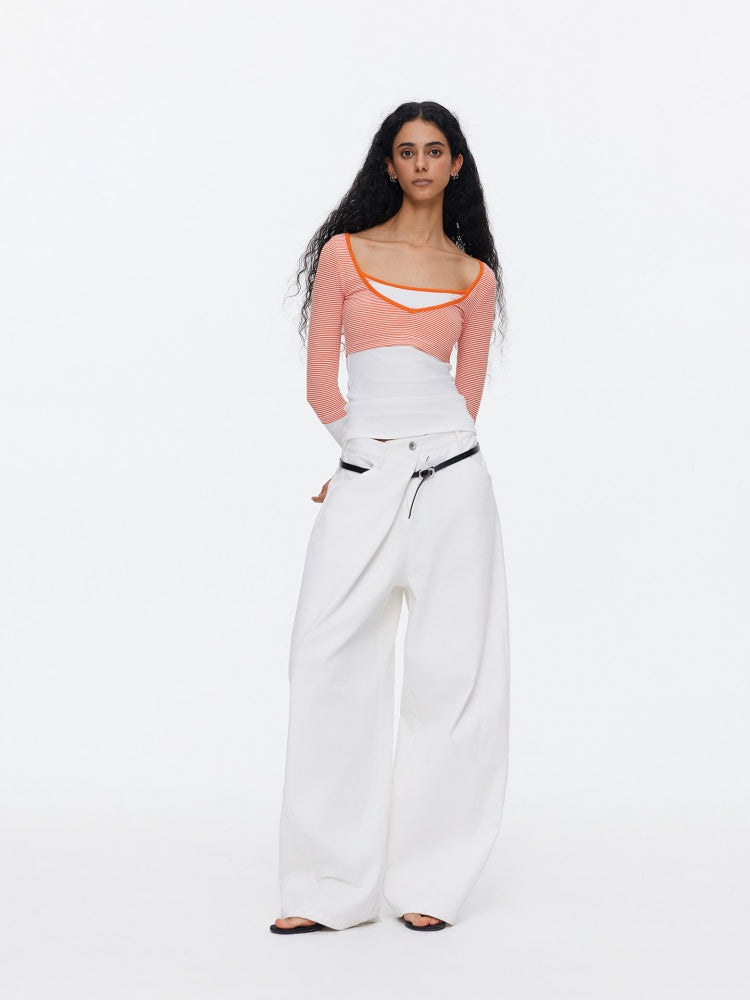Asymmetrical Waistband Wide-Leg Scimitar Jeans【s0000015535】