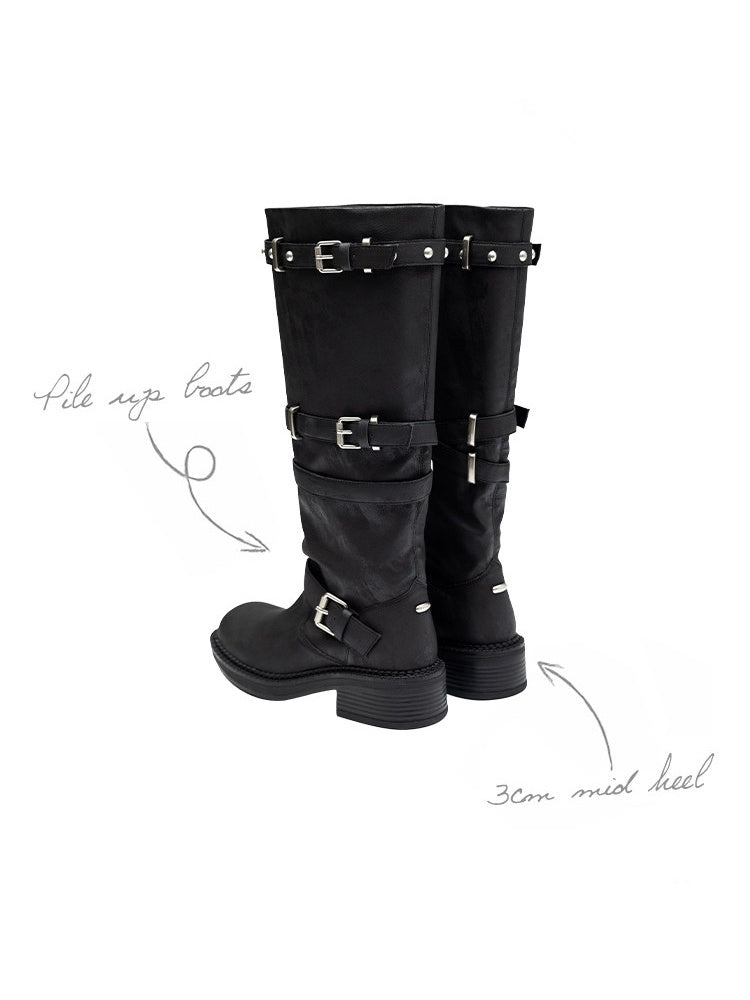 Distressed Multilayer Metal Lace-Strap Rivet Knight Boots【s0000015645】