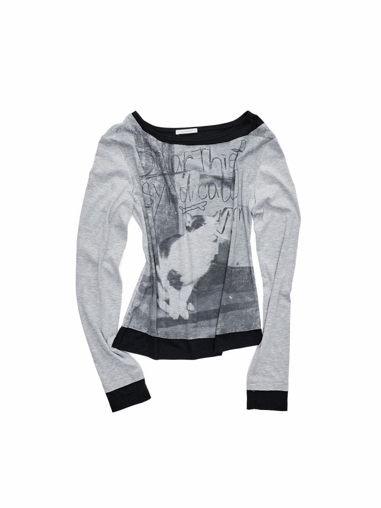 Cat & Dog Love One-Word Collar Faux Layered Printed T-shirt【s0000015646】