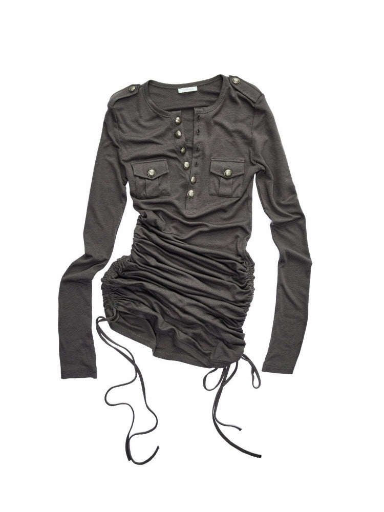Small Pocket Henry Neck Long Sleeve Knit T-shirt/Drawstring Hip Hugging Dress【s0000015656】