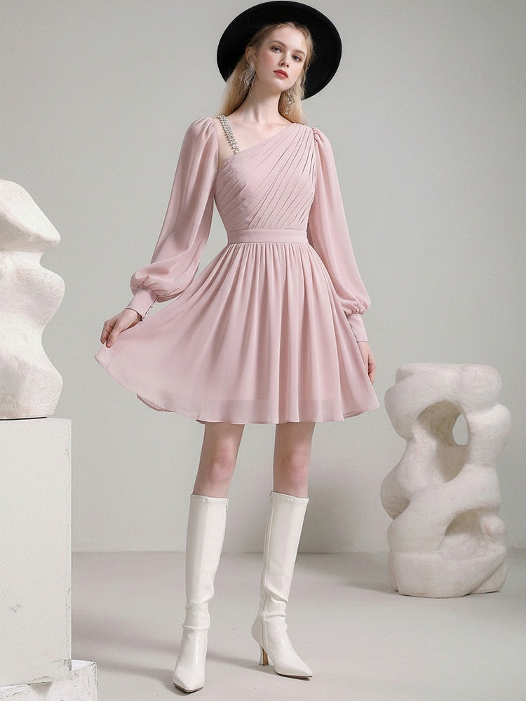 Romantic Slanted Shoulder Diamond Chain Mini Dress【s0000015787】