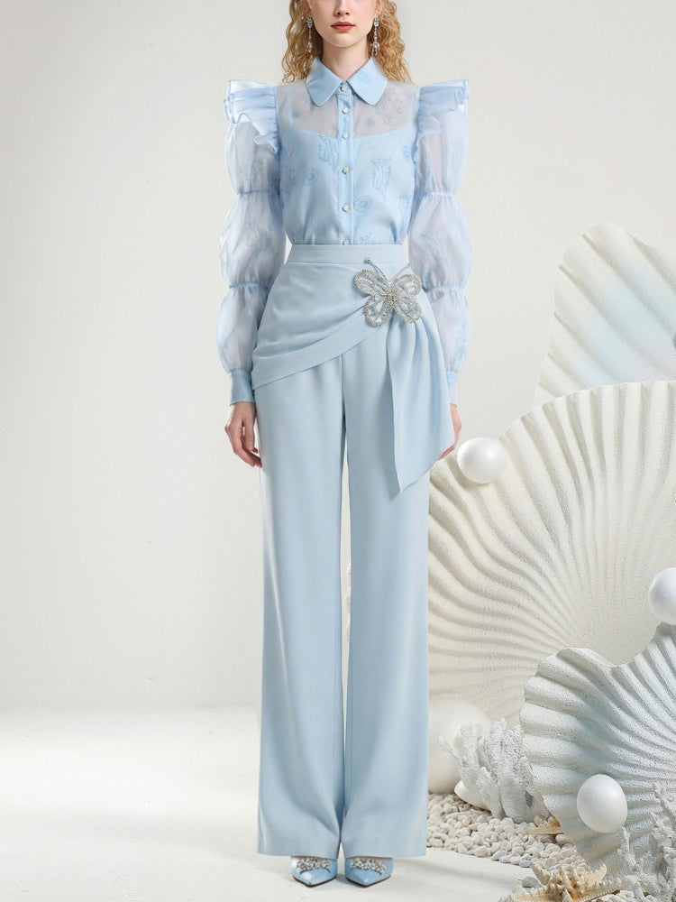 Sheer Puff Sleeve Blouse & Long Pants【s0000015809】