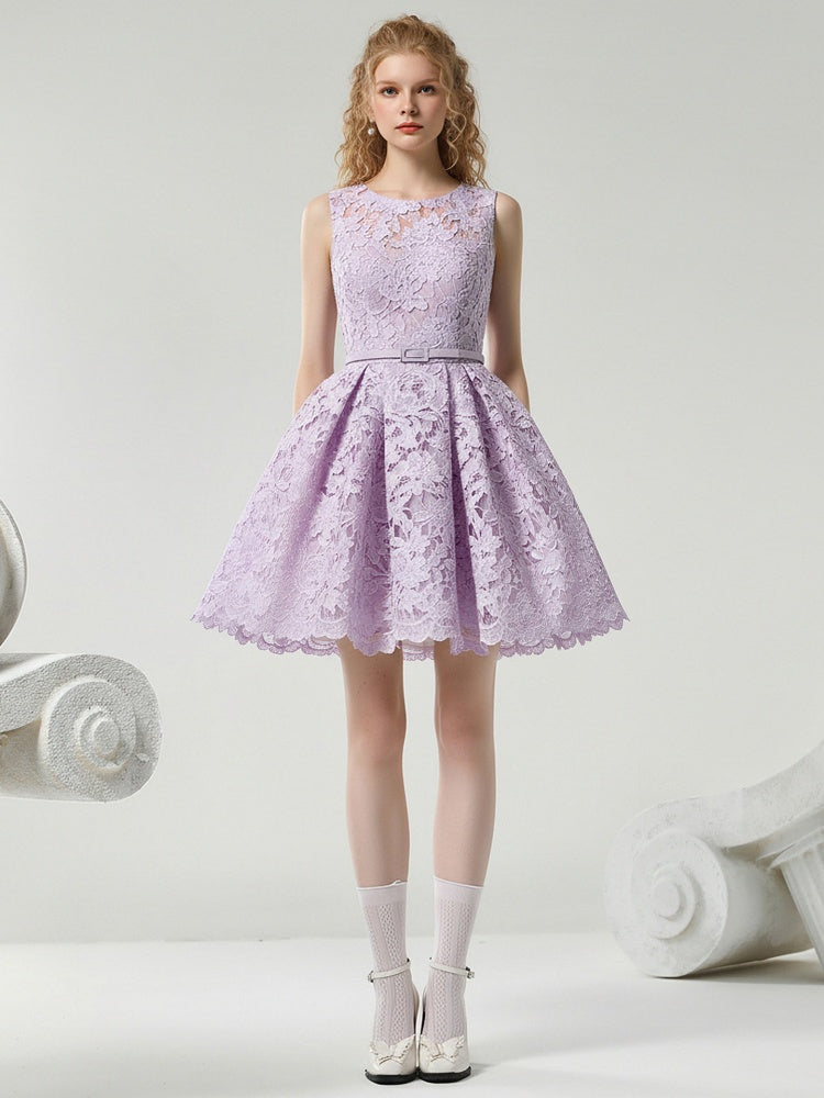 Romantic Elegant Crew Neck Sleeveless Lilac Lace Dress【s0000015834】