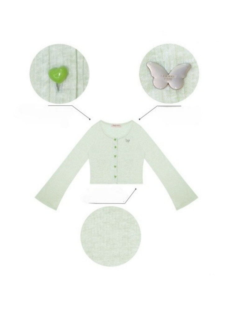 Flared Sleeves Slim Knitted Cardigan Light Green【s0000016149】