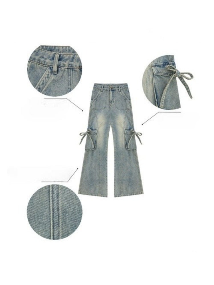 High Waist Slimming Distressed Bow Pocket Straight Bootcut Jeans【s0000016151】