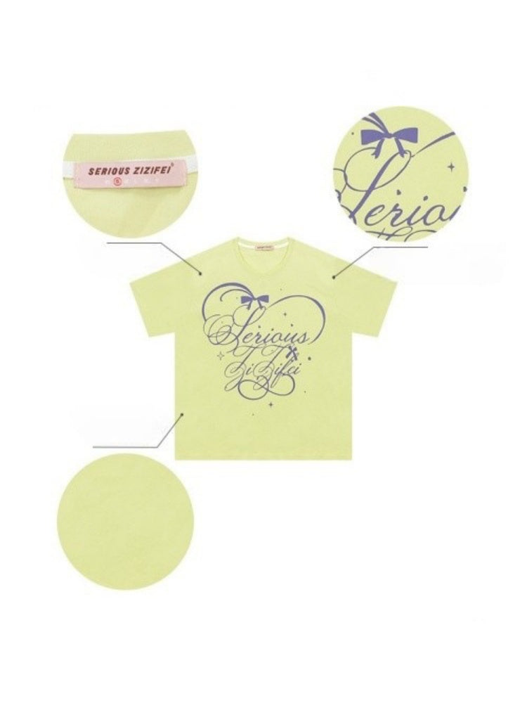 V-Neck Letter Print Loose Short-Sleeved T-Shirt Yellow【s0000016156】