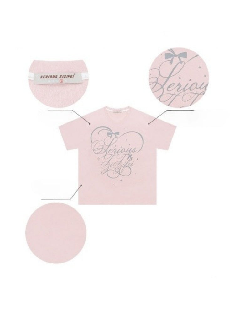 V-Neck Letter Print Loose Short-Sleeved T-Shirt Pink【s0000016157】