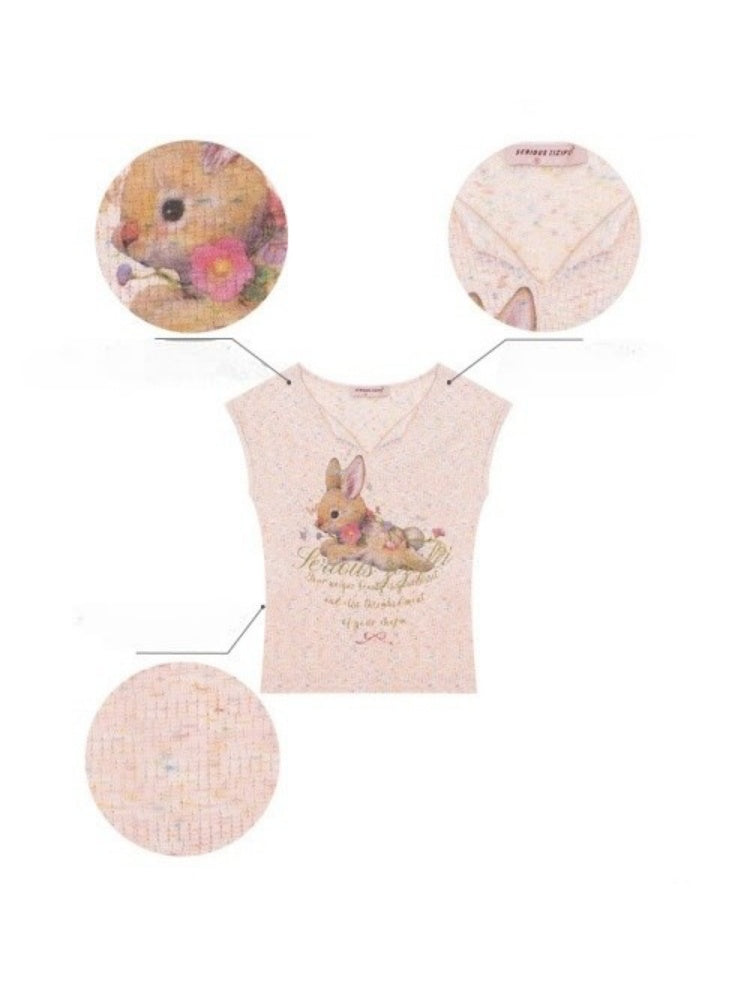 Rabbit Print V-Neck Slim Short Sleeve T-Shirt Pink【s0000016160】