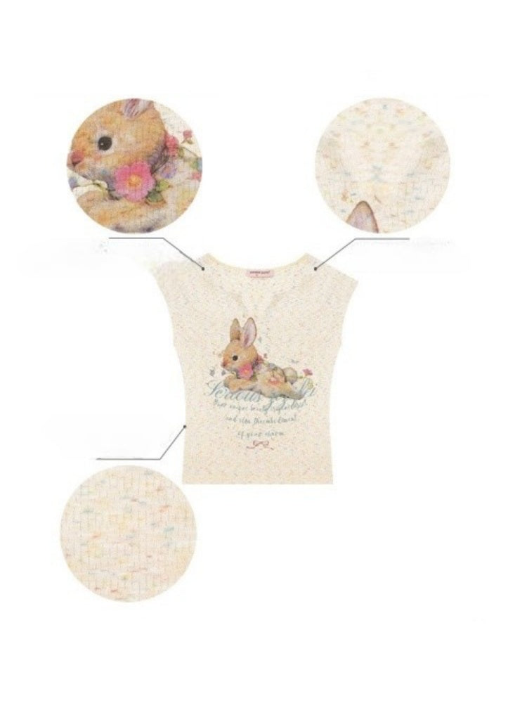Rabbit Print V-Neck Slim Short Sleeve T-Shirt Apricot【s0000016161】