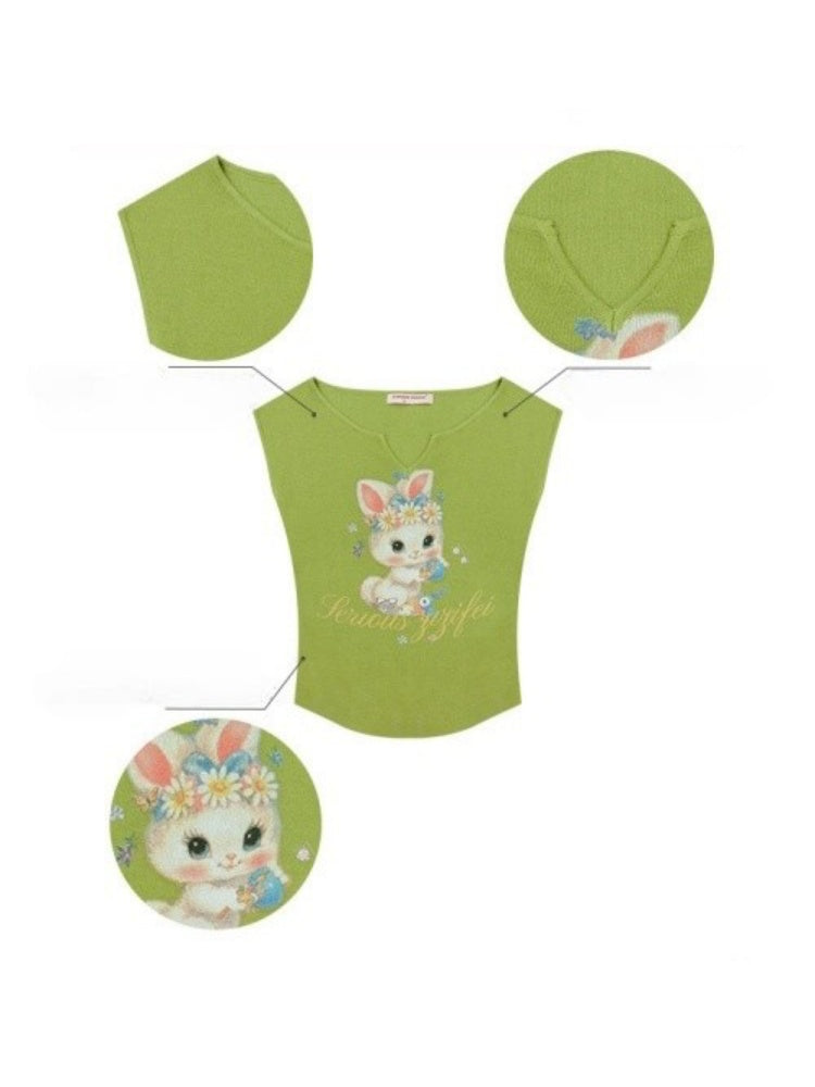 Rabbit Print V-Neck Slim Short Sleeve T-Shirt Green【s0000016163】