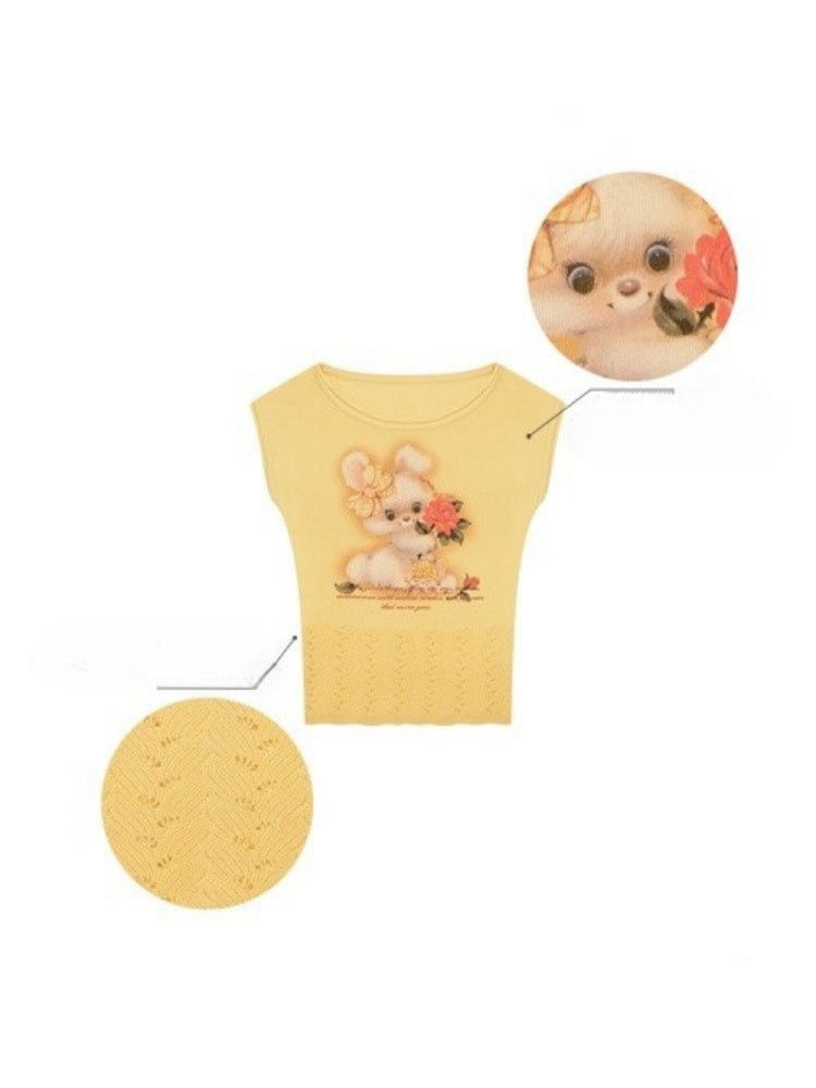 Rabbit Print Hem Hollow Crew Neck Short Sleeve T-Shirt Yellow【s0000016175】