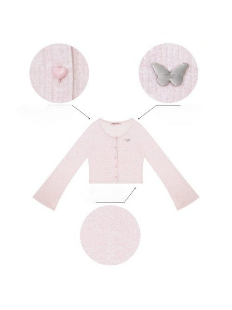 Flared Sleeves Slim Knitted Cardigan Pink【s0000016177】