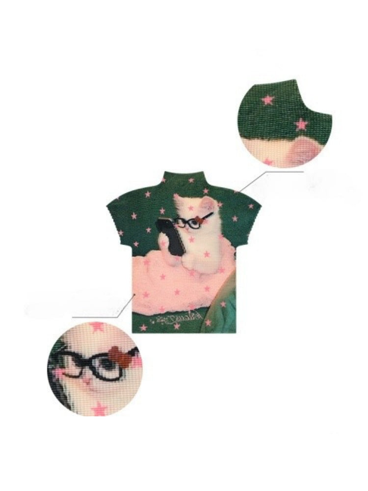 Star Cat Print High Neck Short Sleeve T-shirt【s0000016178】