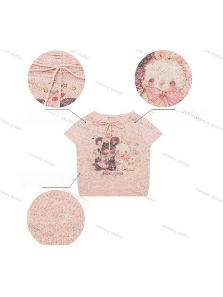 Bear Rabbit Print Strap Crew Neck Short Sleeve T-Shirt Pink【s0000016326】