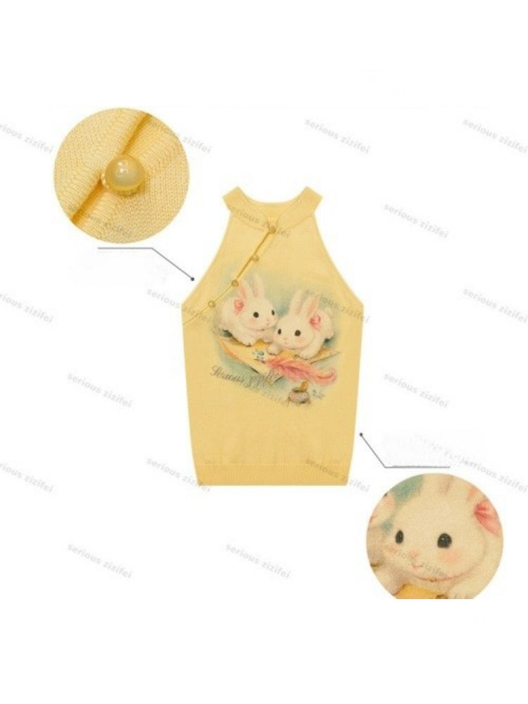 Rabbit Print Chinese Halter-Neck Knitted Vest【s0000016331】