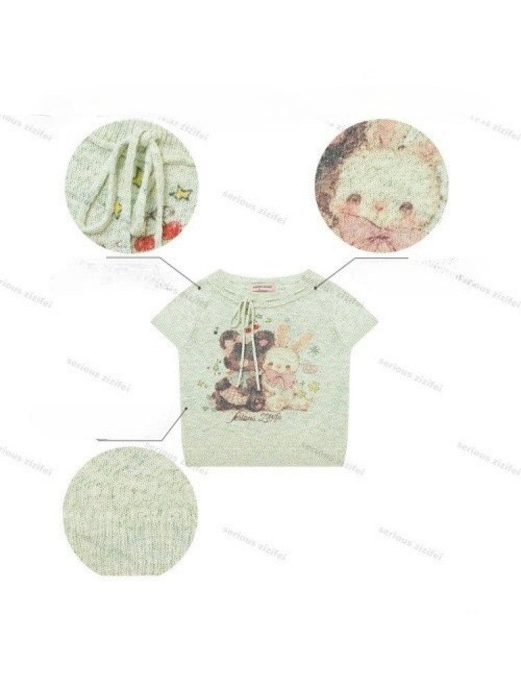 Bear Rabbit Print Strap Crew Neck Short Sleeve T-Shirt Light Green【s0000016333】