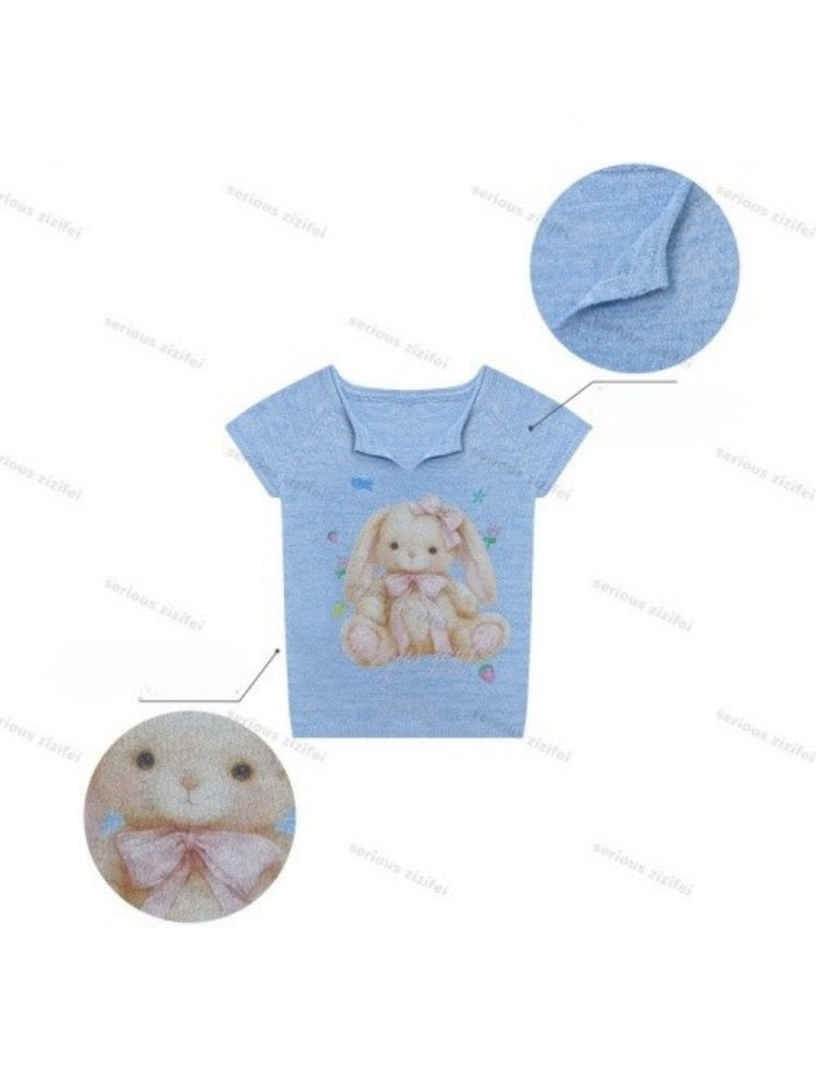 Rabbit Print V-Neck Knitted Short Sleeve T-Shirt【s0000016334】