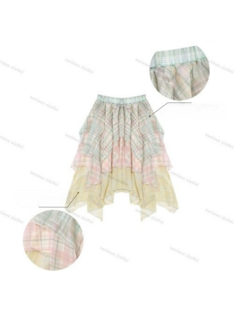 Macaron Plaid Irregular Chiffon Cake Gauze Skirt【s0000016335】