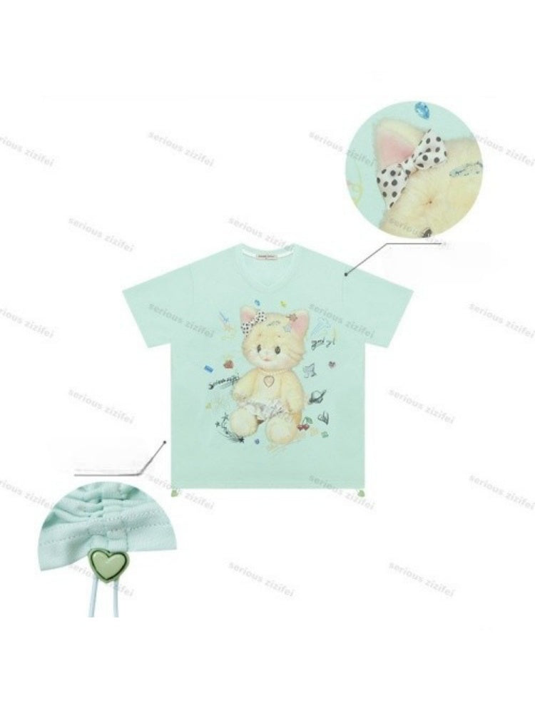 Cat Print V-Neck Short Sleeve T-Shirt Mint Green【s0000016341】