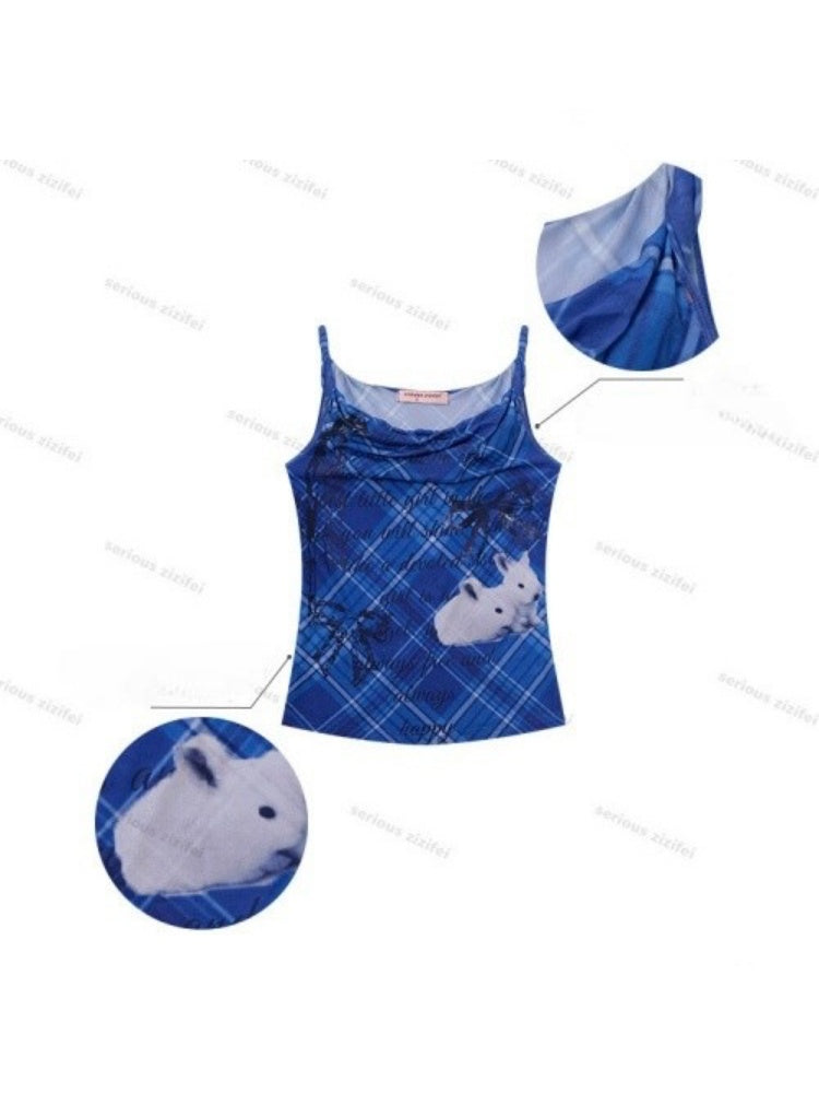 Cute Rabbit Print Plaid Swing Collar Camisole【s0000016346】