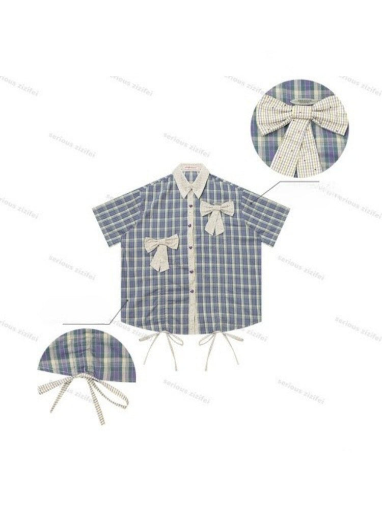 Plaid Bow Drawstring Retro Short-Sleeved Shirt【s0000016351】