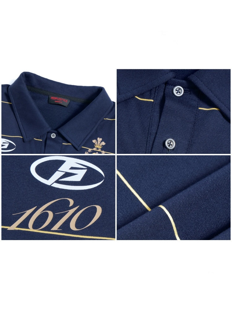 Gold Striped Badge Print Short Sleeve Polo Shirt【s0000016473】