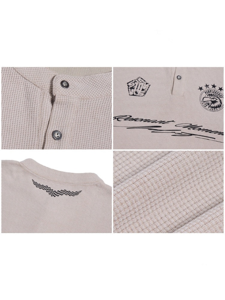 Waffle Henry Collar Badge Distressed Loose Drop Shoulder Short Sleeve Polo Shirt【s0000016474】