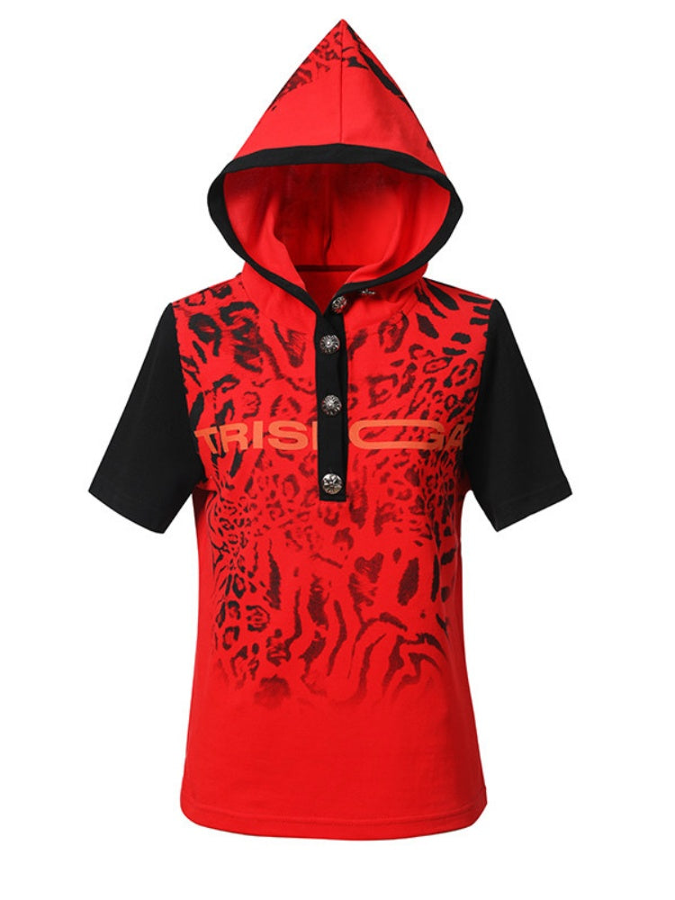 Leopard Print Color-Blocked Two-Tone Short Sleeve Polo Hoodie【s0000016482】