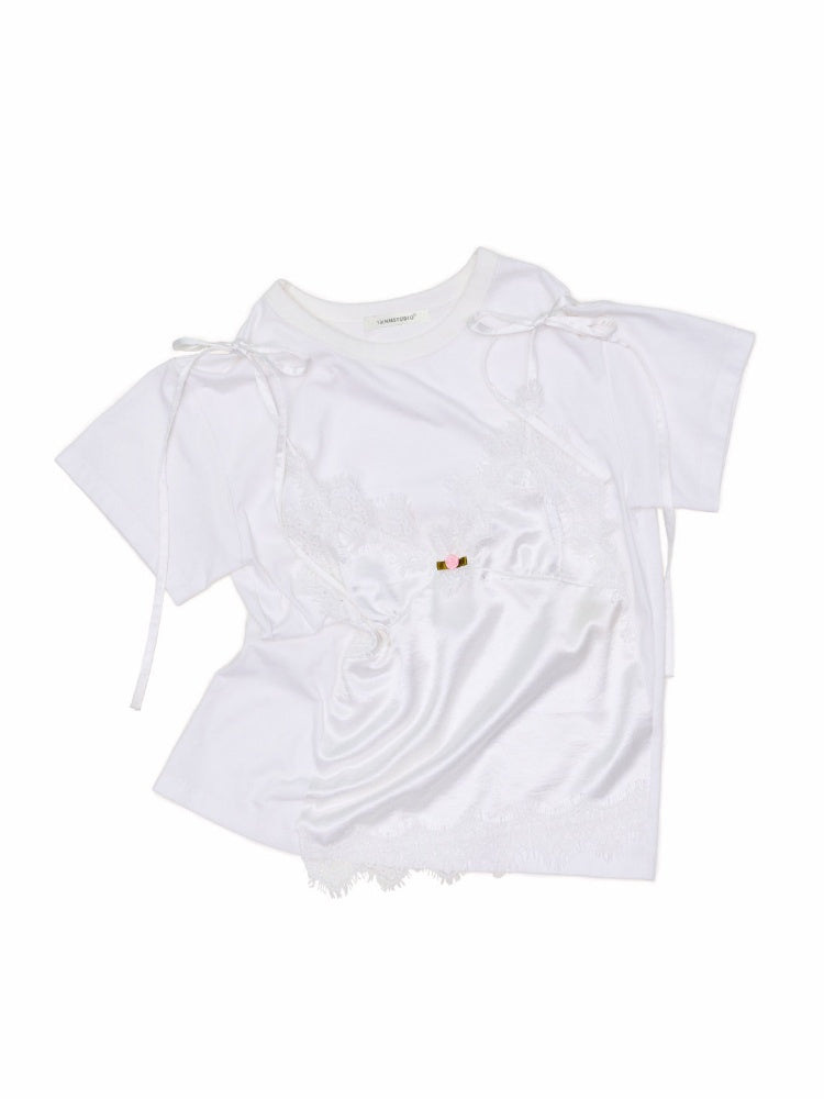 Faux Layered Satin Lace Suspender Combined Basic T-Shirt【s0000016595】