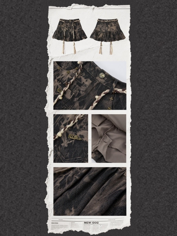 Distressed Drawstring Tie-Dye Belt Lining Denim Short Skirt【s0000016731】
