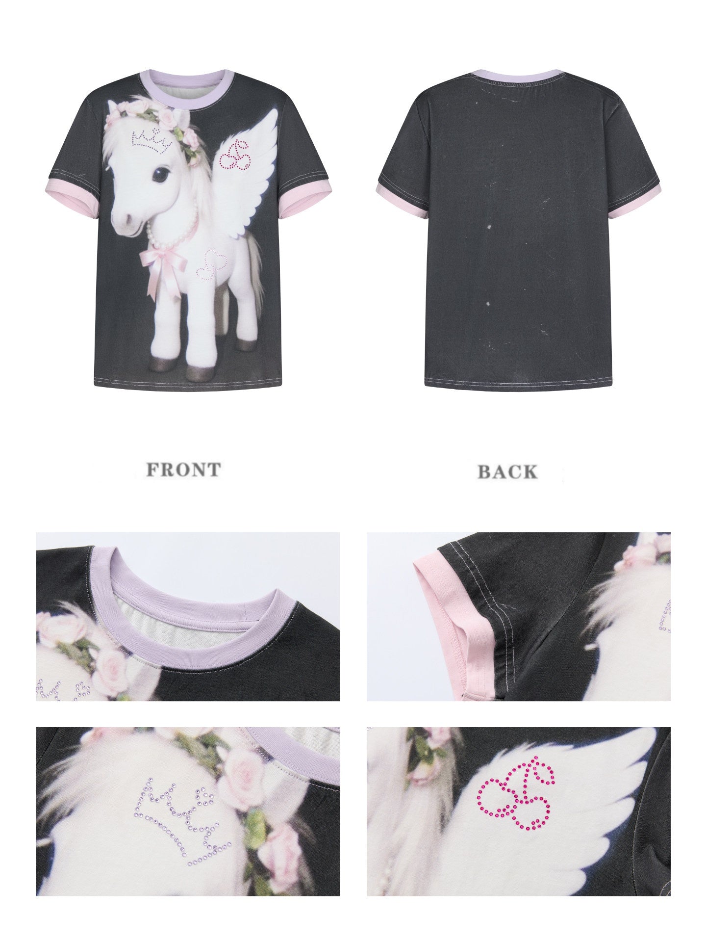 Flying Pony Print Short-Sleeve Stitching T-Shirt【s0000016827】