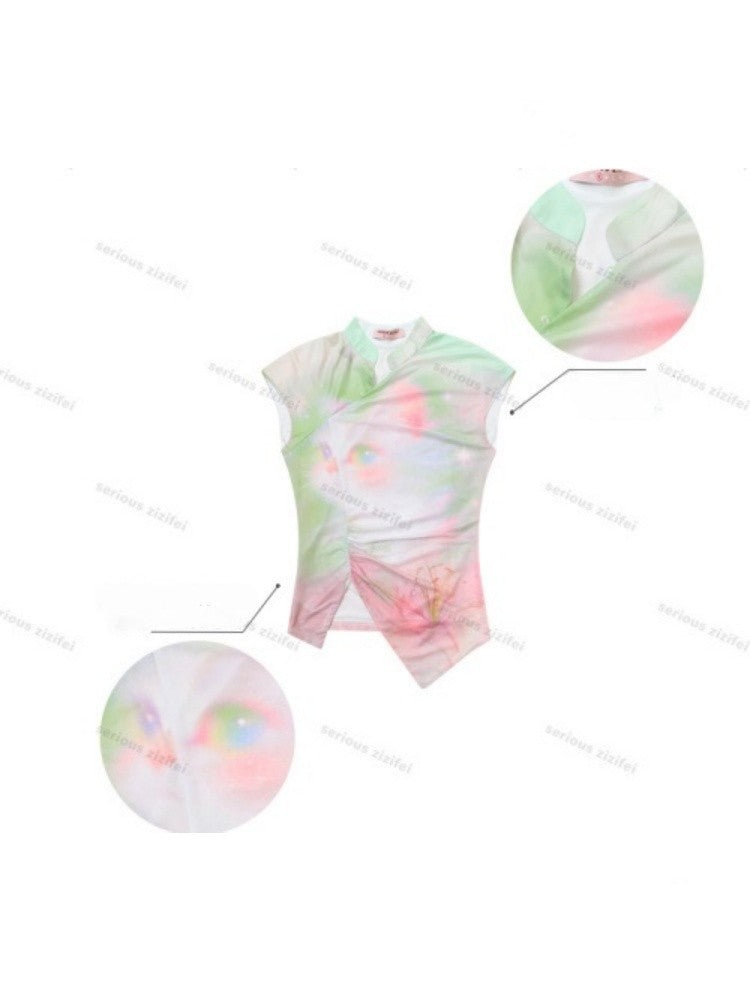 Chinese Blended Cat Print Powder Green Mesh Short Sleeve T-Shirt【s0000017068】
