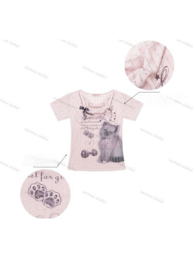 Cat Cherry Blossom Print Swing Collar Slim Peach Pink Short Sleeve T-Shirt【s0000017070】