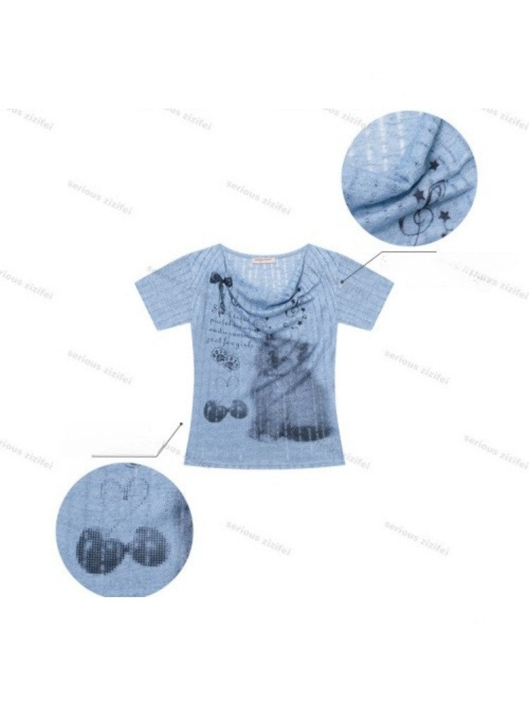 Cat Cherry Blossom Print Swing Collar Blue Short Sleeve T-Shirt【s0000017071】