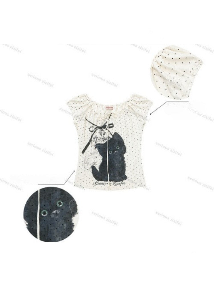 Cat Print Drawstring Puff Sleeve Polka Dot White T-Shirt【s0000017072】