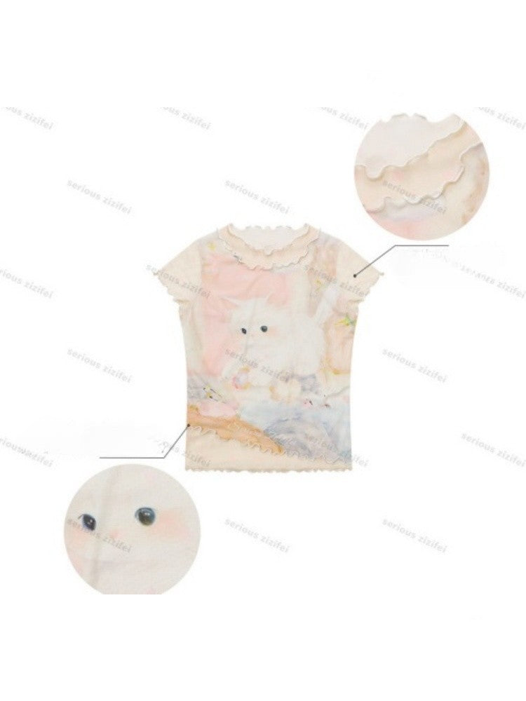 Cat Print Girlish Lettuce Trim Mesh Short-Sleeved T-Shirt【s0000017074】