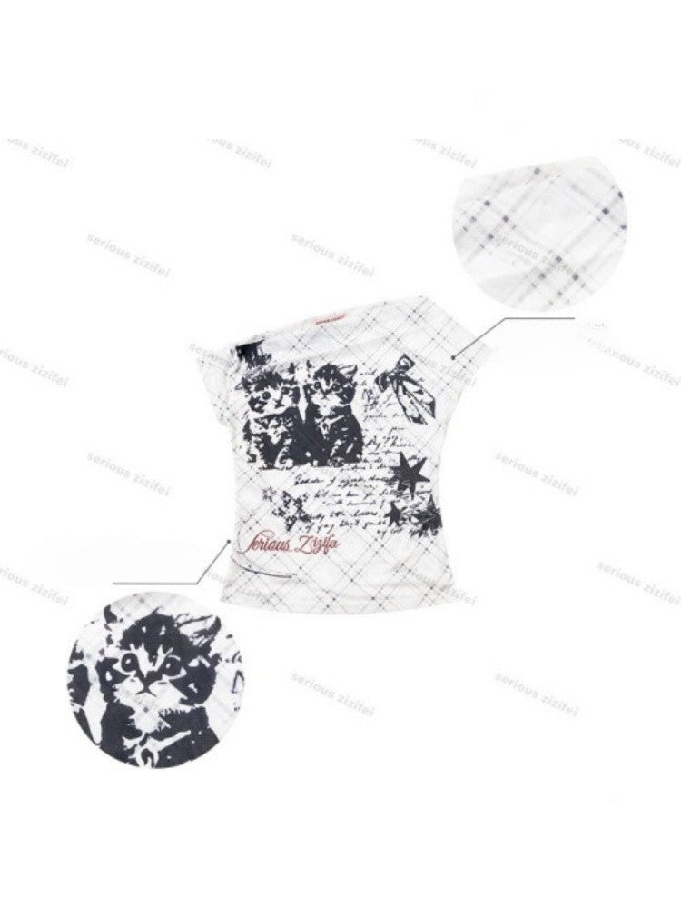 Cat Plaid Graffiti Mesh Off-Shoulder Slim Short-Sleeved T-Shirt【s0000017075】