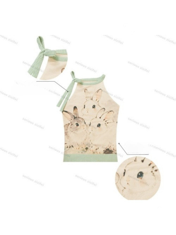 Ink Cute Rabbit Mint Green Contrast Knitted Halter-Neck Vest【s0000017076】