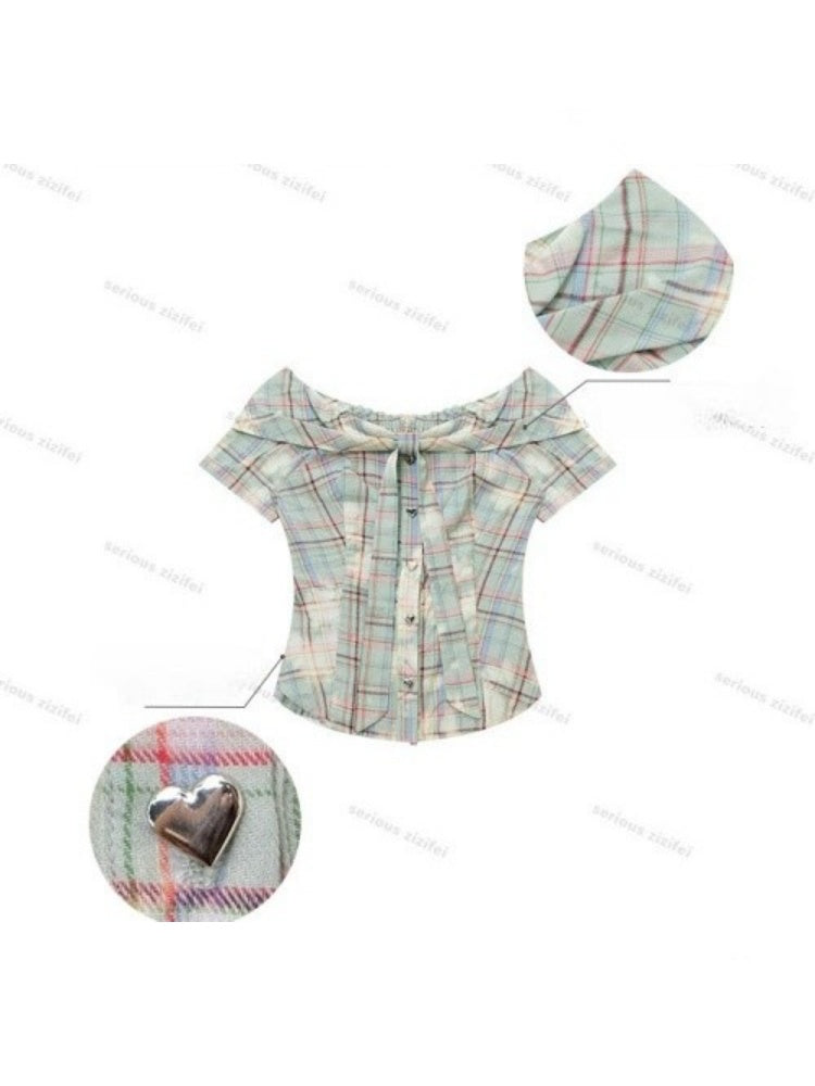 Off-Shoulder Plaid Retro Short-Sleeved Shirt【s0000017079】