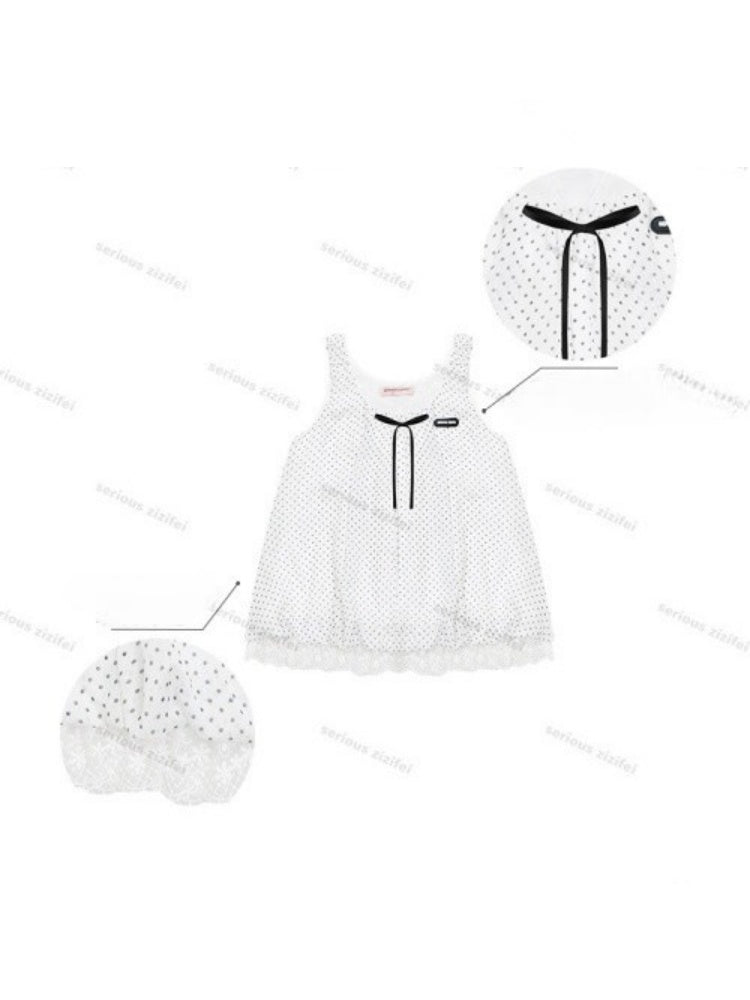 Polka Dot Lace Hem Tank Top White【s0000017081】